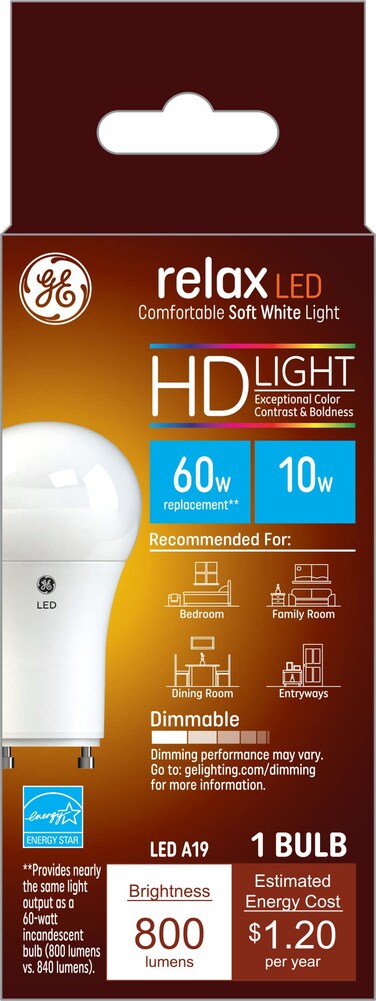 GE Lighting Relax LED Light Bulb, 10 Watts (60 Watt Equivalent) Soft White HD Light, Plug-In GU24 Base, Dimmable (1 Pack)