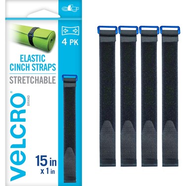 VELCRO Brand VEL-30792-AMS 15 Inch Elastic Straps 4 Pack   Stretchable and Adjustable for Snug Fit   Fasten Lumber, Yoga Mats, Tools, Camping Equipment, More   Cinch with Buckle, Black 15x1
