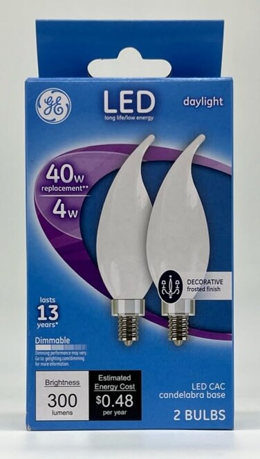 GE LED CAC Frosted Candelabra Daylight Dimmable 300 lumens 2 Pack