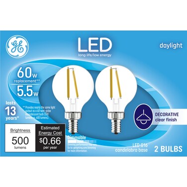 GE LED Light Bulbs, 60 Watt, Daylight, G16 Globe Bulbs, Clear, Small Base (2 Pack)