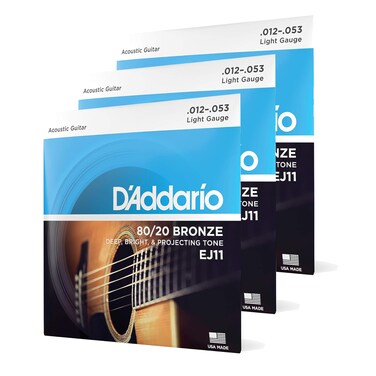 D'Addario 80/20 Bronze-for 6 Deep, Bright, Projecting Tone-EJ11-3D-Light, 12-53-3-Pack Acoustic Guitar Strings (EJ11-3D)