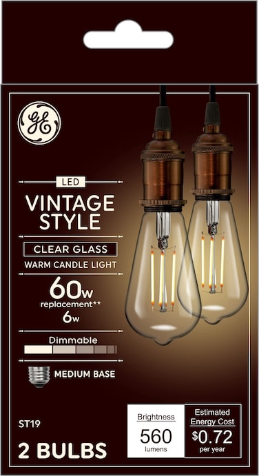 GE Vintage Style LED Light Bulbs, 60 Watt, Clear Finish, ST19 Edison Style Bulbs (2 Pack)