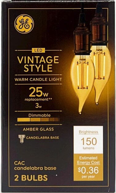 GE (2 Bulbs) Lighting Vintage LED Chandelier Light, Cendlabra Base, 3 watt, 150 Lumen, Dimmable, Warm Candle Light Glow, Amber Glass