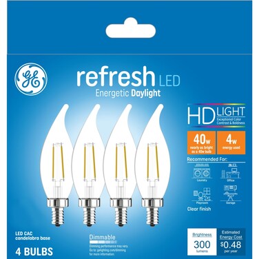 GE Refresh LED Light Bulbs, 40W, Daylight Candle Lights, Clear Decorative Light Bulbs, Small Base (4 Pack)