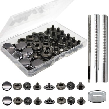 Raydodo 12 Sets Leather Snap Fasteners Kit, 15mm Metal Snap Buttons Kit Press Studs with 4 Install Tools, Leather Rivets and Snaps for Clothing, Leather, Jeans, Jackets, Bracelets, Bags (Black)