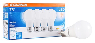 SYLVANIA LED Light Bulb, 75W Equivalent A19, Efficient 12W, Medium Base, Frosted Finish, 1100 Lumens, Daylight - 4 Pack (78100)
