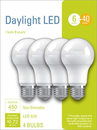 GE Lighting LED Light Bulbs, A19 Standard Bulb, 6 Watts (40 Watt Equivalent) Daylight, Medium Base, Non-Dimmable (4 Pack)