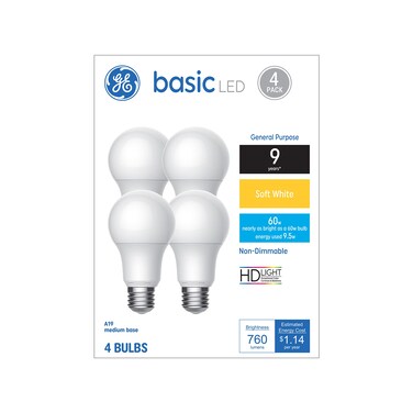 GE Basic Light Bulbs, 60 Watt, Soft White, A19 (4 Pack)