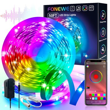 FONEWE 50ft Led Lights for Bedroom Led Strip Lights Led Light Strip with App Led Lights for Home Decoration