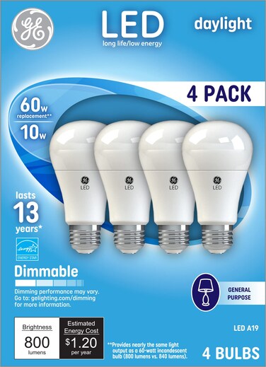 GE Lighting LED Standard Light Bulbs, 10 Watts (60 Watt Equivalent) Daylight, Medium Base, Dimmable (4 Pack)