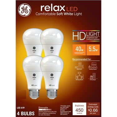 GE Relax LED Light Bulbs, 40 Watt, Soft White, A19 (4 Pack)