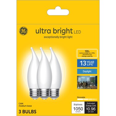 GE Ultra Bright LED Light Bulbs, 100W, Daylight Candle Lights, Frosted Decorative CA12 Light Bulbs, Medium Base (3 Pack)