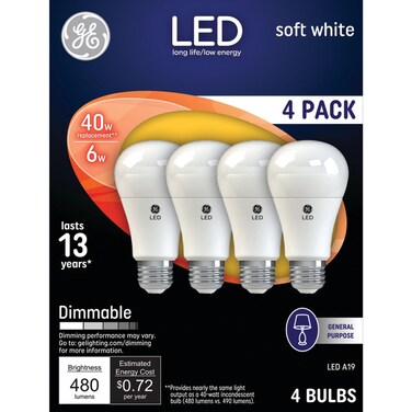 GE LED Light Bulbs, 40 Watt, Soft White, A19 (4 Pack)