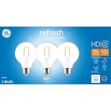GE Refresh LED Light Bulbs, 40 Watt, Daylight, G25 Globe Bulbs, Clear, Medium Base (3 Pack)