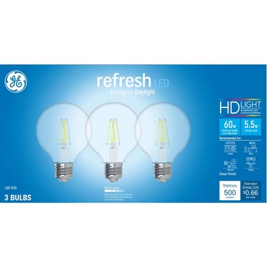 GE Refresh LED Light Bulbs, 60 Watt, Daylight, G25 Globe Bulbs, Clear, Medium Base 3 Count, (1 Pack)
