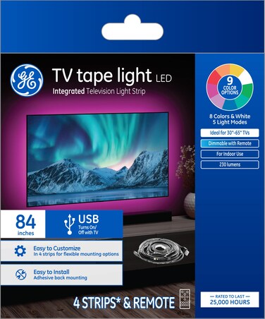 GE LED TV Tape Light, Color Changing Strip Light with Remote, No App or Wi-Fi Required, 84in (1 Pack)