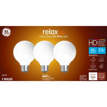 GE Relax LED Light Bulbs, 60 Watt, Soft White, G25 Globe Bulbs, Frosted, Medium Base (3 Pack)