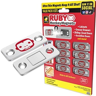 RUBY Monkey Magnets AS-SEEN-ON-TV, Ultra-Thin Magnetic Plates Keep It All Shut, Fast and Easy Installation, Just Peel &amp; Stick, Slim Design Fits Virtually Anywhere, Cabinets, Drawers &amp; More, 8 Sets