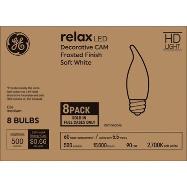 GE Relax LED Light Bulbs 60W, Soft White Candle Lights, Clear Decorative Light Bulbs, Medium Base (8 Pack)