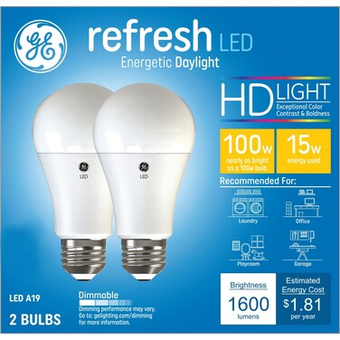 GE Refresh LED Light Bulbs, 100 Watt, Daylight, A19 (2 Pack)