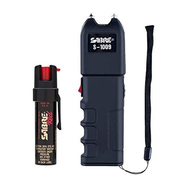 SABRE Pepper Spray &amp; 3-in-1 Stun Gun with Flashlight and Anti-Grab Bar Technology, Self Defense Kit, 35 Bursts, 10 Ft (3 m) Range, 120 Lumens LED Light, Rechargeable Battery (Set of 2)