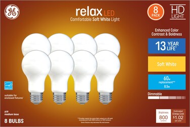 GE Relax 8-Pack 60 W Equivalent Dimmable Soft White A19 LED Light Fixture Light Bulbs
