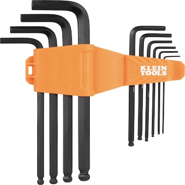 Klein Tools BLS10M 10-Key Metric Hex Key Caddy Set, L-Style Ball-End Keys, Sizes 1.5 to 10mm, Heat-Treated, Black Phosphate