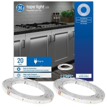 GE Lighting LED Tape Light Plug-In Strip Light, Cool White, 20 Foot