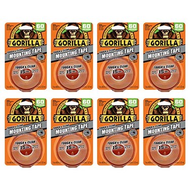 Gorilla Tough &amp; Clear, Double Sided Mounting Tape, Weatherproof, 1" x 60", Clear, (Pack of 8)