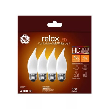 GE (4 Bulbs) 48263 Relax LED CAM Chandelier Decorative Bulbs, Bent tip, Medium Base, Dimmable, HD Light, 40 watt Equivalent, Comfortable Soft White Light, Frosted Finish