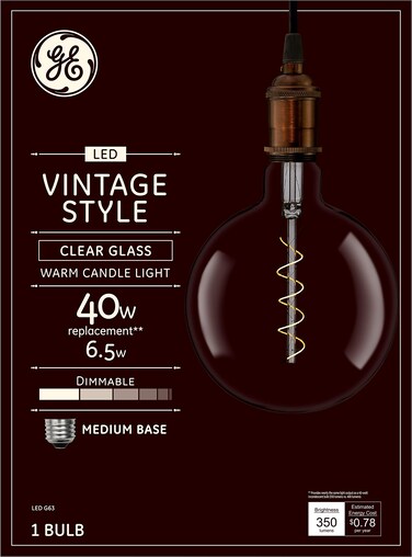 GE Vintage Style LED Light Bulb, 40 Watt, Clear Finish, G63 Large Globe Bulb (1 Pack)
