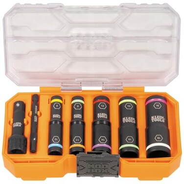 Klein Tools 65619 KNECT Flip-10 Metric Impact Socket Set, Deep Sockets, 5 Color-Coded Flip Sockets, 10 Metric Socket Sizes, 1/4 and 3/8-Inch Adapters, MODbox Case