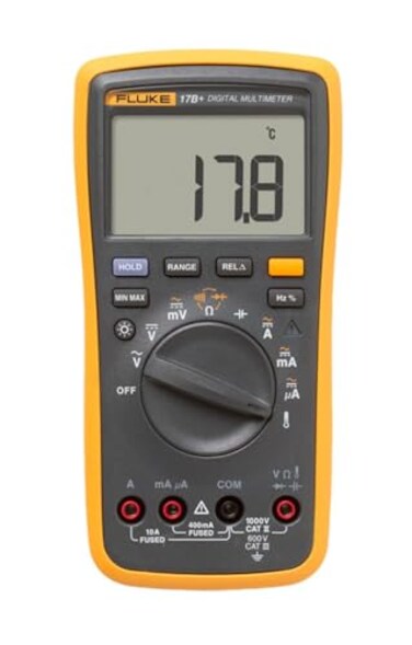 Fluke 17B+ Digital Multimeter, for Electrical Applications, Measures AC/DC Voltage 100V, Current Measurements to 10A, Resistance, Continuity, Diode, Capacitance, Frequency, and Temperature Testing