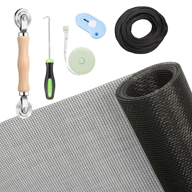 Windows Screen and Screen Door Repair Kit, 48"x118" Charcoal Fiberglass Mesh with Rolling Tool/Hook/Ruler/Cutter/Spline - Window Screen &amp; Sliding Screen Door Replacement for Windows, TOOLTRIZ