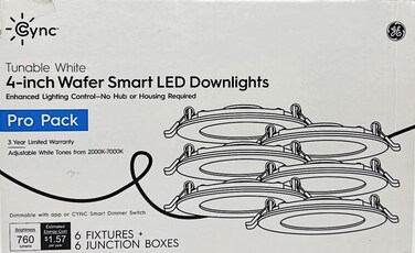 (case of 6) GE Lighting Cync Pro Pack 4 inch Wafer Smart LED Downlights, Adjustable White Tones 2000-7000K, 760 lumens, no hub or housing Required, Dimmable with Cync App or Cync Smart Switch