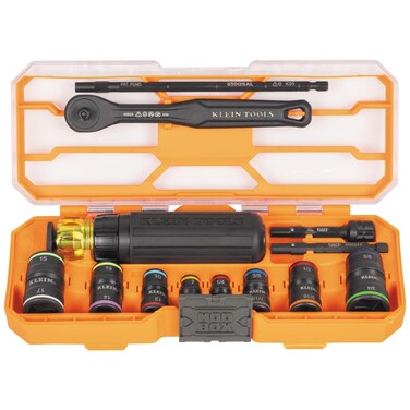 Klein Tools 65242 KNECT Impact Socket Set, Ratcheting Screwdriver Set, 1/4-Inch Drive, SAE and Metric Impact Flip Socket, 16 Hex Sizes, Impact Adapters, MODbox Case