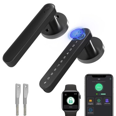 Fingerprint Handle Door Lock Smart Door Lock Levers eLinkSmart Keyless Entry Door Knob for Bedroom Back Front Door Bluetooth App Phone iOS Watch Black