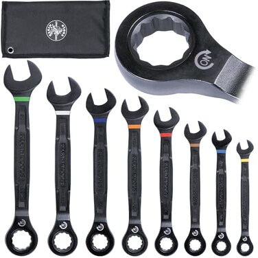 Klein Tools 69408G Ratcheting Combination Wrench Set, SAE, 5/16 to 3/4 Inch, 90-Tooth Steel Alloy with Foam Pouch, 8-Piece