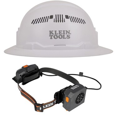 Klein Tools 80170 Full-Brim Hard Hat Set, Class C Vented White Hard Hat, Rechargeable Portable Cooling Turbo Fan with Lithium-ion Battery, 3-Piece