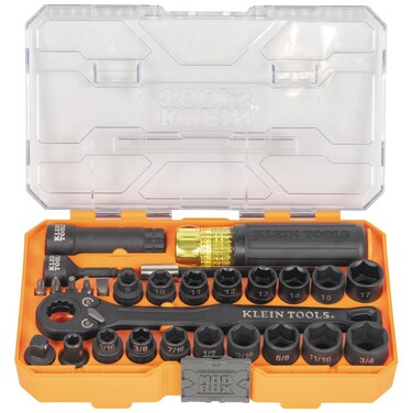 Klein Tools 65500KNECT KNECT Impact Socket Set, SAE and Metric Pass Through Socket Set, 90-Tooth Ratchet, MODbox Case, SAE, Metric, Screwdriver Handle, Bits, 39-Piece