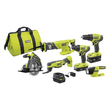 RYOBI P1819 18V One+ Lithium Ion Combo Kit (6 Tools: Drill/Driver, Impact Driver, Reciprocating Saw, Circular Saw, Multi-Tool, LED Worklight, 4.0 Ah &amp; 1.5 Ah Battery, Charger, Bag)