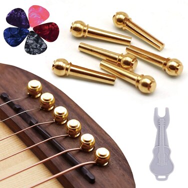 Guitar Bridge Pins 6pcs Pure Brass Endpin for Acoustic Guitar 6 Strings Nail Pegs Fixed Cone, Replacement Parts with Bridge Pin Puller Remover &amp; 5 Guitar Picks - Kimlong
