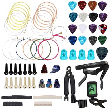 66PCS Guitar Accessories Kit, Acoustic Guitar Changing Tool, Including Acoustic Strings, Guitar Picks, Capo, String Winder&amp;Cutter, Tuner, Guitar Bones,for Guitar Players and Guitar Beginners