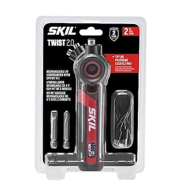 SKIL Twist 2.0 Rechargeable 4V Screwdriver with Pivoting Head, Torque Setting, USB-C Charging Cable &amp; 2PC Bit Set-SD5619-01