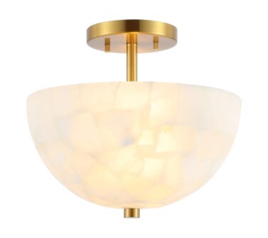 JONATHAN Y JYL1205A Celine 11.88" 2-Light Modern Contemporary Alabaster/Iron Inverted Dome LED Semi Flush Mount, White Marbling/Brass Gold for Hallway, Bedroom, Bathroom and Closet