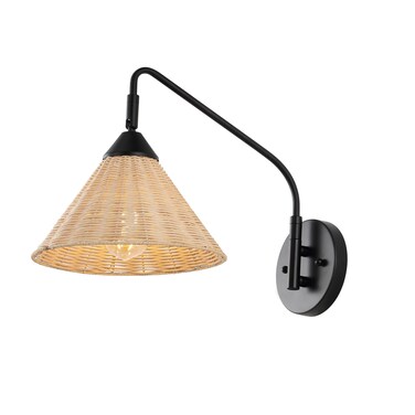 JONATHAN Y JYL1602A Kiawah 11" 1-Light Vintage Coastal Rattan/Metal Swing Arm LED Sconce, for Bedroom, Living Room, Kitchen, Office, Black/Natural