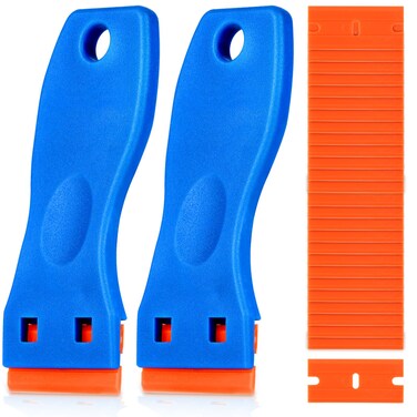 KUSUFEFI Plastic Razor Blade Scraper, 2PCS Scraper Tool with 60PCS Plastic Blades, Cleaning Scraper Remover for Stickers, Decals, Adhesive, Labels, Paint, Glass, Car, Window, Caulk, No Scratches