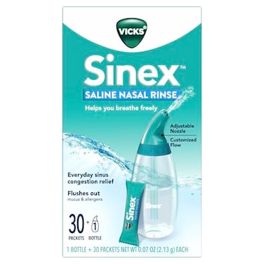 Vicks Sinex Saline Nasal Rinse Starter Kit, Drug Free Saline, Flush Out Mucus and Allergens, Fast &amp; Effective Relief for Everyday Congestion from Sinus &amp; Allergy, 1 Bottle + 30 Refill Packets