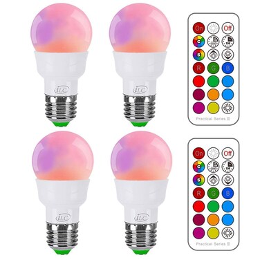 ILC RGB LED Light Bulb, Color Changing 40W Equivalent, Daylight White, 450LM Dimmable 5W E26 Screw Base RGBW, Mood Light Bulb - 12 Color Choices - Timing Infrared Remote Control Included (4 Pack)
