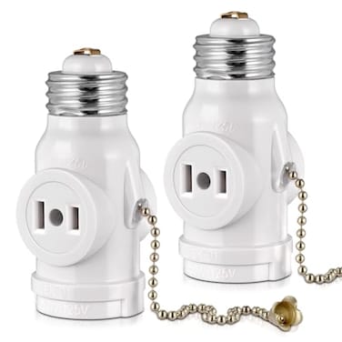 2 Outlet Light Socket Adapter, E26 Bulb Socket to Outlet Splitter,Converts Medium Screw Socket into a Socket with Two outlets,Polarized Outlet,with Pull Chain Switch. UL Listed, White (2-Pack)